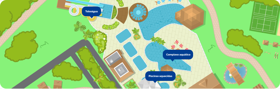 Imagem de mapa do Aguativa Golf Resort, destacando seu complexo aquático.