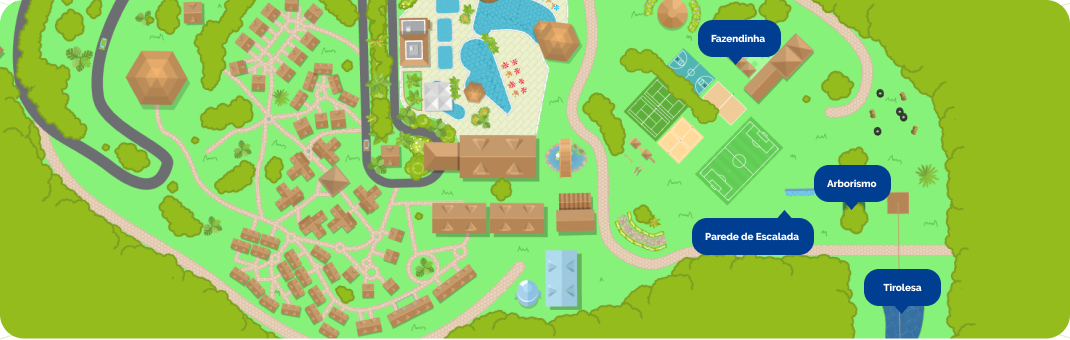 Mapa do Aguativa Golf Resort destacando atrações de esporte e aventura.