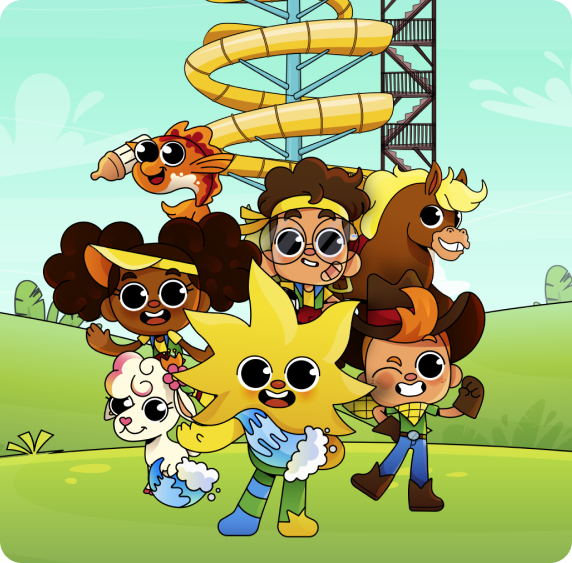 Imagem dos Aguativos, os mascotes do Aguativa Golf Resort, na frente do toboágua do resort.